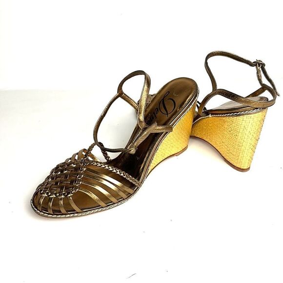 NWOB DELMAN Leather Strappy Wedge Gold Sandals Ankle Strap Made in Spain 40 US 9 - Picture 1 of 14